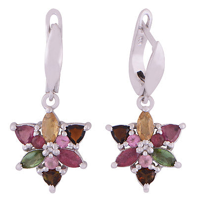 Alluring Flower Design Tourmaline Round,Marquise,Trillion Shape 925 Sterling Solid Silver Rhodium Plated Dangle Earrings - R3501211-1