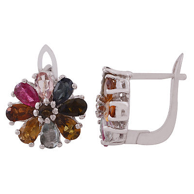 Stunning Multicoloured Flower Tourmaline Pear,Round Shape 925 Sterling Solid Silver Rhodium Plated Dangle Earrings - R3501213-1