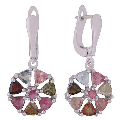 Gorgeous Multicoloured Gemstone Tourmaline Round,Trillion Shape 925 Sterling Solid Silver Rhodium Plated Dangle Earrings - R3501214-1