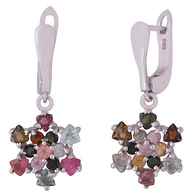 Alluring Multicoloured Gemstone Tourmaline Round,Trillion Shape 925 Sterling Solid Silver Rhodium Plated Dangle Earrings - R3501215-1