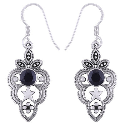 Stunning Handcrafted Star & Rawa Work Around Black Onyx Round Shape 925 Sterling Solid Silver Dangle Earrings - R3501224-12