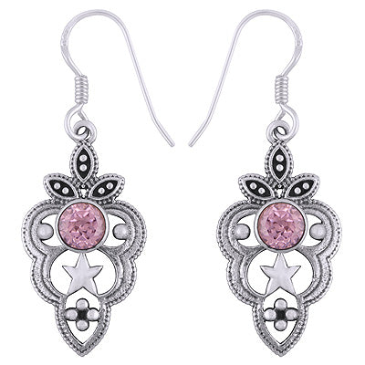 Stunning Handcrafted Star & Rawa Work Around Pink Cubic Zirconia Round Shape 925 Sterling Solid Silver Dangle Earrings - R3501224-14