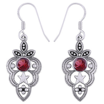 Stunning Handcrafted Star & Rawa Work Around Garnet Round Shape 925 Sterling Solid Silver Dangle Earrings - R3501224-2