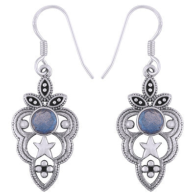 Stunning Handcrafted Star & Rawa Work Around Labradorite Round Shape 925 Sterling Solid Silver Dangle Earrings - R3501224-6