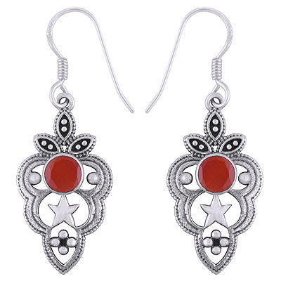 Stunning Handcrafted Star & Rawa Work Around Carnelian Round Shape 925 Sterling Solid Silver Dangle Earrings - R3501224-9