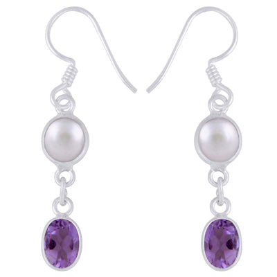 Stunning Two Stone Bezel Pearl,Amethyst Oval,Round Shape 925 Sterling Solid Silver Dangle Earrings - R3501226-1