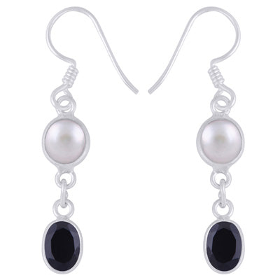 Stunning Two Stone Bezel Pearl,Black Onyx Oval,Round Shape 925 Sterling Solid Silver Dangle Earrings - R3501226-10