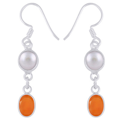 Stunning Two Stone Bezel Pearl,Carnelian Oval,Round Shape 925 Sterling Solid Silver Dangle Earrings - R3501226-12