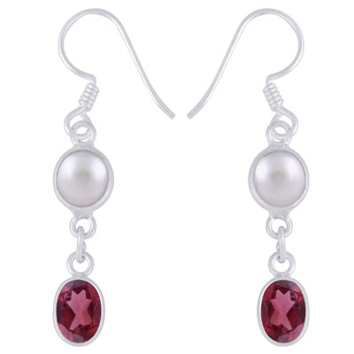 Stunning Two Stone Bezel Pearl,Garnet Oval,Round Shape 925 Sterling Solid Silver Dangle Earrings - R3501226-2