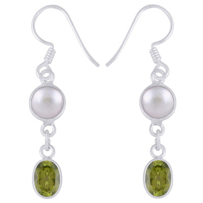 Stunning Two Stone Bezel Pearl,Peridot Oval,Round Shape 925 Sterling Solid Silver Dangle Earrings - R3501226-3