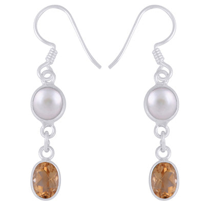 Stunning Two Stone Bezel Pearl,Citrine Oval,Round Shape 925 Sterling Solid Silver Dangle Earrings - R3501226-4