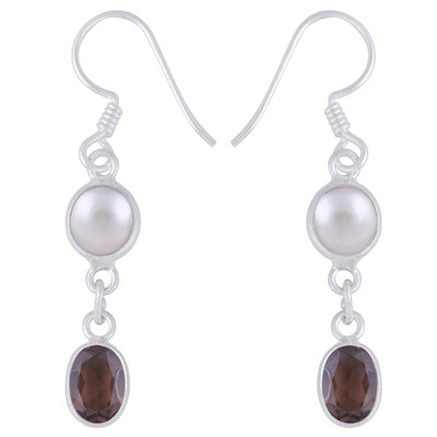Stunning Two Stone Bezel Pearl,Smoky Topaz Oval,Round Shape 925 Sterling Solid Silver Dangle Earrings - R3501226-6