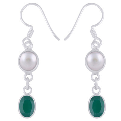 Stunning Two Stone Bezel Pearl,Green Onyx Oval,Round Shape 925 Sterling Solid Silver Dangle Earrings - R3501226-8