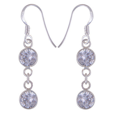 Stunning Two Stone Bezel White Cubic Zirconia Round Shape 925 Sterling Solid Silver Dangle Earrings - R3501242-10