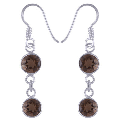 Stunning Two Stone Bezel Smoky Topaz Round Shape 925 Sterling Solid Silver Dangle Earrings - R3501242-7