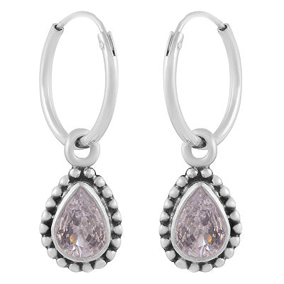 Gorgeous Oxidised Rawa Work Around White Cubic Zirconia Pear Shape 925 Sterling Solid Silver Hoop Earrings - R3501244-13