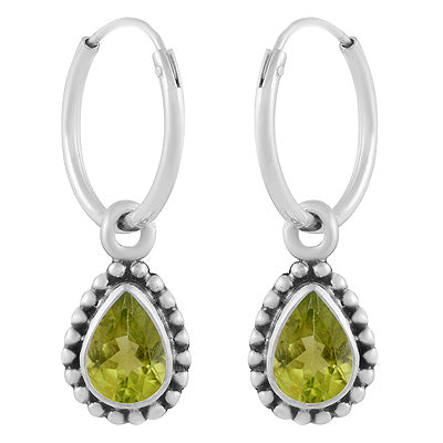 Gorgeous Oxidised Rawa Work Around Peridot Pear Shape 925 Sterling Solid Silver Hoop Earrings - R3501244-3