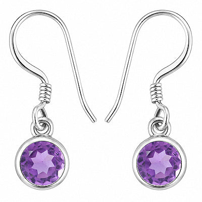 Gorgeous Plain Collet Natural Amethyst Round Shape 925 Sterling Solid Silver Dangle Earrings - R3501257-1