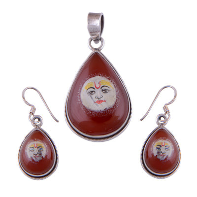 925 Sterling Silver Carnelian, Semi Stone Painting Pendant Sets - R3600001-3