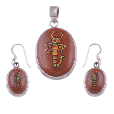 925 Sterling Silver Red Jasper, Semi Stone Painting Pendant Sets - R3600001-4