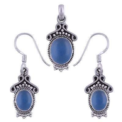 Stunning Rawa & Wire Work Around Blue Chalcedony Oval Shape 925 Sterling Solid Silver Pendant Set - R3600494-60