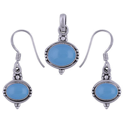Handcrafted Work Blue Chalcedony Oval Shape 925 Sterling Solid Silver Pendants Sets - R3600495-21