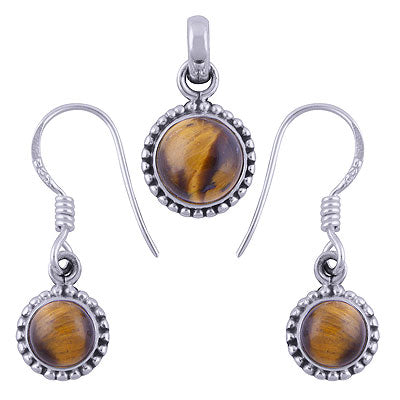 Beautiful Rawa Around Tiger's Eye Round Shape 925 Sterling Solid Silver Pendant Set - R3600501-19