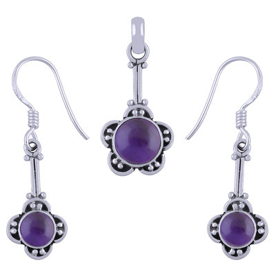 Handmade Flower Work Amethyst Round Shape 925 Sterling Solid Silver Pendant Set - R3600502-1