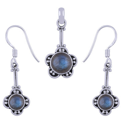Handmade Flower Work Labradorite Round Shape 925 Sterling Solid Silver Pendant Set - R3600502-12
