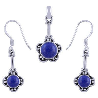 Handmade Flower Work Lapis Round Shape 925 Sterling Solid Silver Pendant Set - R3600502-14