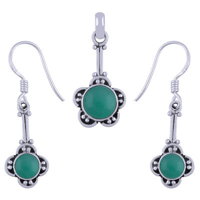 Handmade Flower Work Green Onyx Round Shape 925 Sterling Solid Silver Pendant Set - R3600502-16