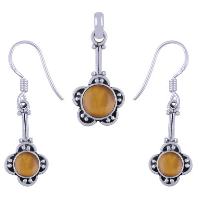 Handmade Flower Work Tiger's Eye Round Shape 925 Sterling Solid Silver Pendant Set - R3600502-18