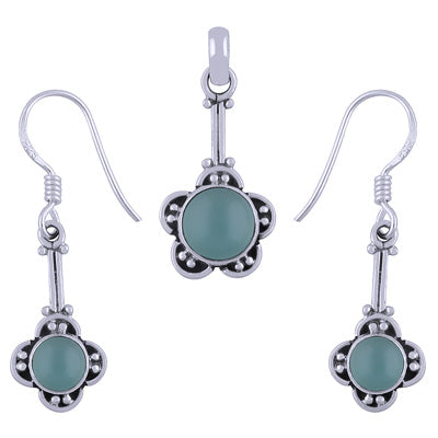 Handmade Flower Work Aqua Chalcedony Round Shape 925 Sterling Solid Silver Pendant Set - R3600502-22