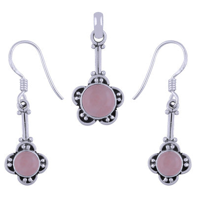 Handmade Flower Work Rose Quartz Round Shape 925 Sterling Solid Silver Pendant Set - R3600502-23