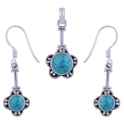 Handmade Flower Work Turquoise Round Shape 925 Sterling Solid Silver Pendant Set - R3600502-6