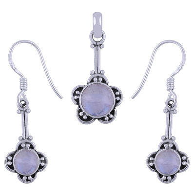 Handmade Flower Work Rainbow Moonstone Round Shape 925 Sterling Solid Silver Pendant Set - R3600502-9
