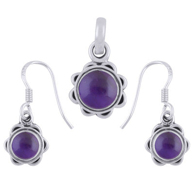 Stunning Flower Work Around Amethyst Round Shape 925 Sterling Solid Silver Pendants Sets - R3600504-1