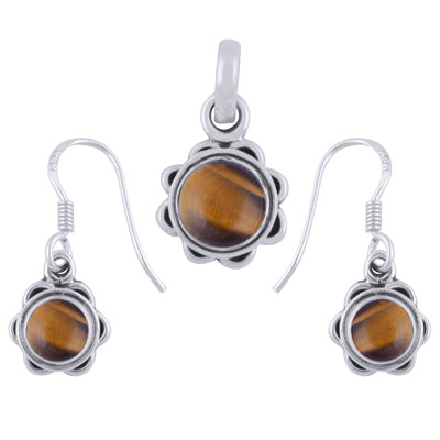 Stunning Flower Work Around Tiger's Eye Round Shape 925 Sterling Solid Silver Pendants Sets - R3600504-21