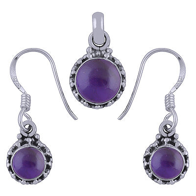 Rawa Work Around Amethyst Round Shape 925 Sterling Solid Silver Pendants Sets - R3600506-1