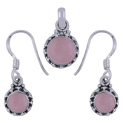 Rawa Work Around Rose Quartz Round Shape 925 Sterling Solid Silver Pendants Sets - R3600506-27