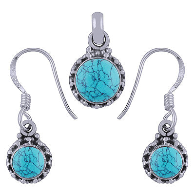Rawa Work Around Turquoise Round Shape 925 Sterling Solid Silver Pendants Sets - R3600506-6