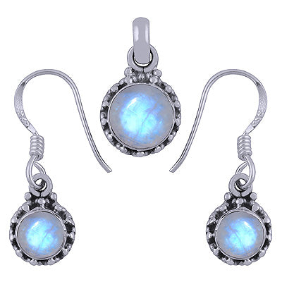 Rawa Work Around Rainbow Moonstone Round Shape 925 Sterling Solid Silver Pendants Sets - R3600506-9
