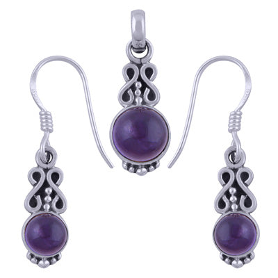 Gorgeous Work Amethyst Round Shape 925 Sterling Solid Silver Pendants Sets - R3600508-1