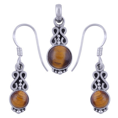 Gorgeous Work Tiger's Eye Round Shape 925 Sterling Solid Silver Pendants Sets - R3600508-20