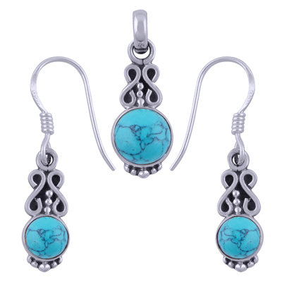 Gorgeous Work Turquoise Round Shape 925 Sterling Solid Silver Pendants Sets - R3600508-7
