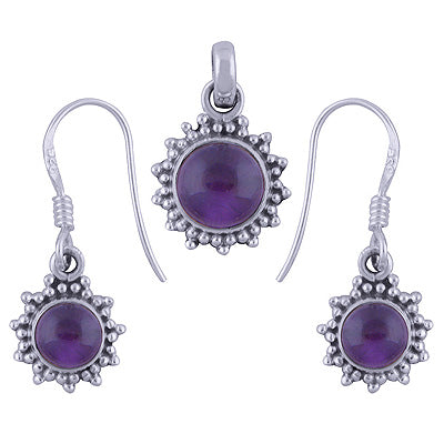 Gorgeous Rawa Work Around Amethyst Round Shape 925 Sterling Solid Silver Pendants Sets - R3600510-1
