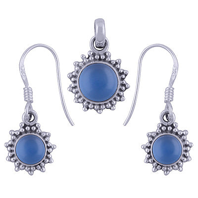 Gorgeous Rawa Work Around Blue Chalcedony Round Shape 925 Sterling Solid Silver Pendants Sets - R3600510-13