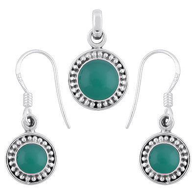 Beautifully Handcrafted Rawa Work Around Green Onyx Round Shape 925 Sterling Solid Silver Pendants Sets - R3600513-11