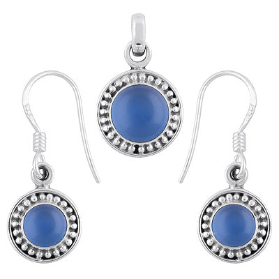 Beautifully Handcrafted Rawa Work Around Blue Chalcedony Round Shape 925 Sterling Solid Silver Pendants Sets - R3600513-14