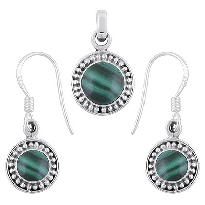 Beautifully Handcrafted Rawa Work Around Malachite Round Shape 925 Sterling Solid Silver Pendants Sets - R3600513-16